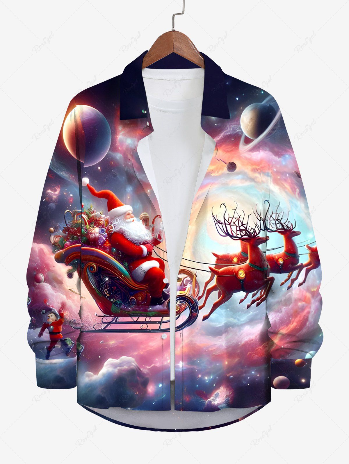 Chemise Boutonnée Imprimé Élément de Noël à Manches Longues Grande Taille Multi-A 5XL
