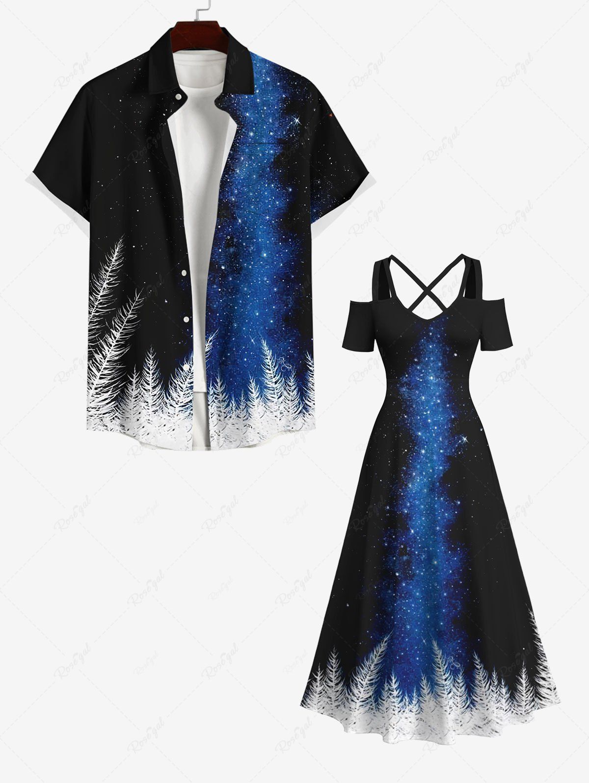 Tenue de Plage Brillante Imprimé Galaxie Grande Taille pour Couples Bleu 