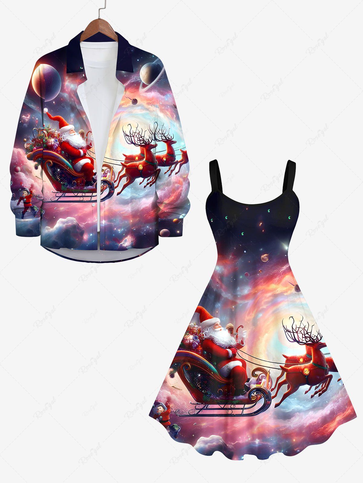 Affordable Christmas Elk Santa Claus Colorful Ombre Galaxy Print Plus Size Matching Set For Couples  