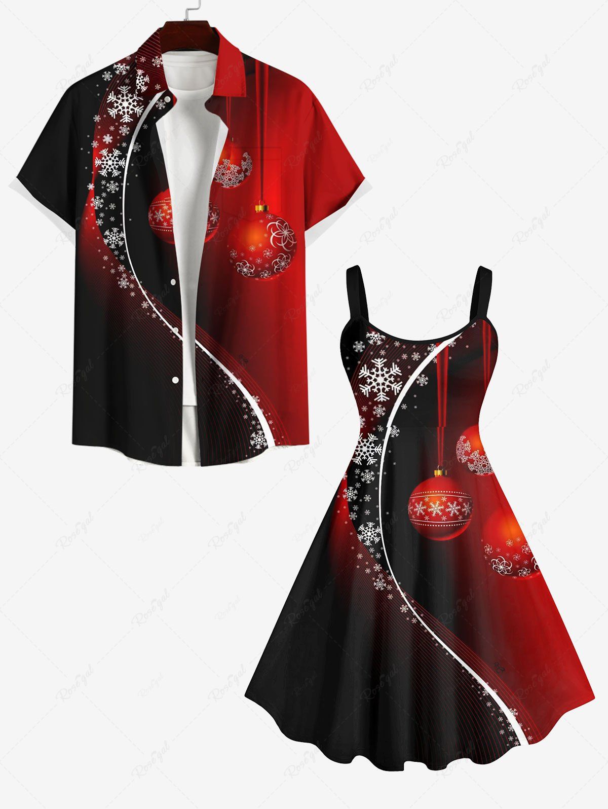 Ensemble Assorti Imprimé Boule et Bottes de Noël et Flocon de Neige Grande Taille pour Couple Rouge 