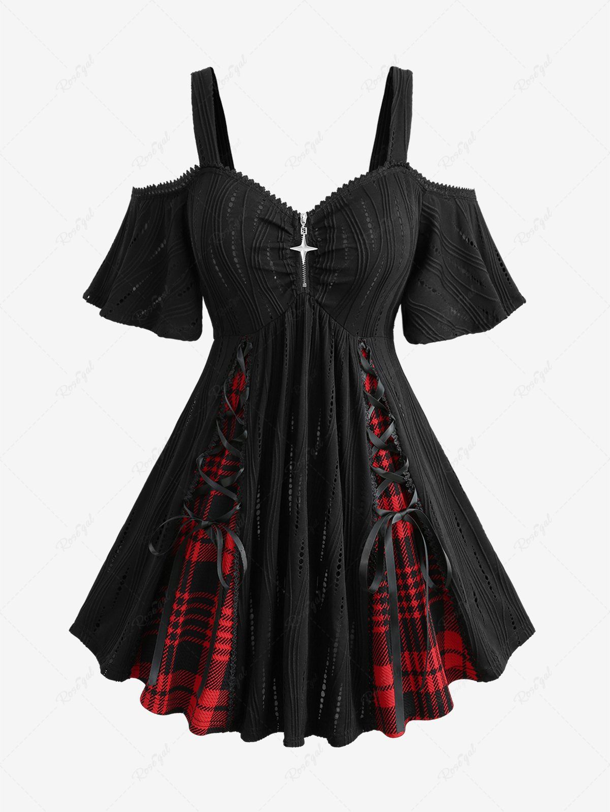 Shop Plus Size Cold Shoulder Plaid Print Lace Up Cross Zipper Hollow Out Jacquard Ribbed Top  