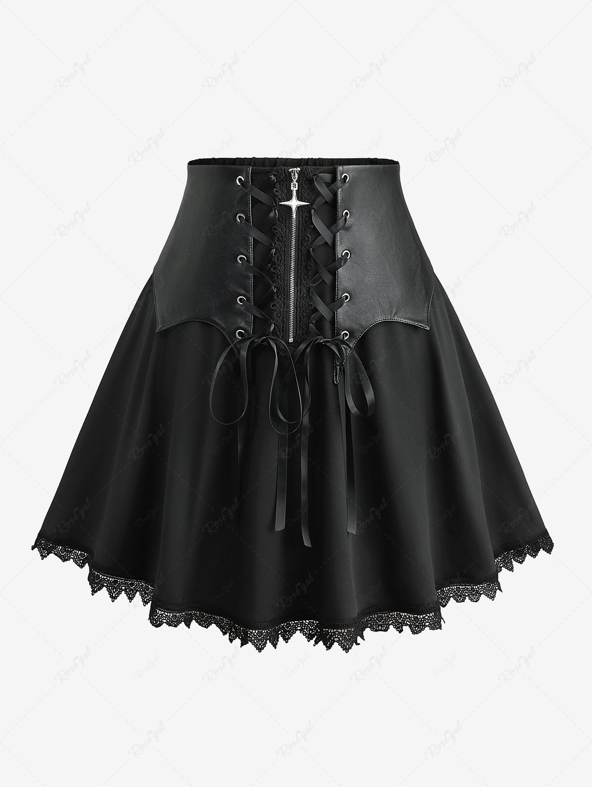 Fashion Plus Size Scalloped Lace Trim PU Panel Zipper Cross Lace-up A Line Skirt  