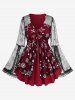 Christmas Snowflake Gingerbread Colorblock Print Lace Trim Sheer Mesh T-shirt and Flare Pants Plus Size Outfit -  