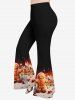 Christmas Snowflake Gingerbread Colorblock Print Lace Trim Sheer Mesh T-shirt and Flare Pants Plus Size Outfit -  