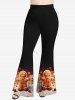 Christmas Snowflake Gingerbread Colorblock Print Lace Trim Sheer Mesh T-shirt and Flare Pants Plus Size Outfit -  
