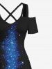 Tenue de Plage Brillante Imprimé Galaxie Grande Taille pour Couples - Bleu 
