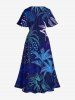 Robe Mi-Longue Longueur de Genou Feuille Tropicale et Ligne A de Grande Taille avec Poche - Bleu 5X