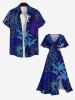Robe Mi-Longue Longueur de Genou Feuille Tropicale et Ligne A de Grande Taille avec Poche - Bleu 5X