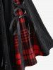 Plus Size Cold Shoulder Plaid Print Lace Up Cross Zipper Hollow Out Jacquard Ribbed Top -  