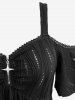 Plus Size Cold Shoulder Plaid Print Lace Up Cross Zipper Hollow Out Jacquard Ribbed Top -  
