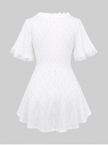 Heart Hollow Out Lace Trim Bowknot Ruffles Top and Wide Leg Pants Plus Size Outfit