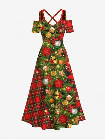 Plus Size Christmas Ball Star Bell Flowers Leaf Gingerbread Plaid Print Cold Shoulder Crisscross Maxi Dress - RED - XS