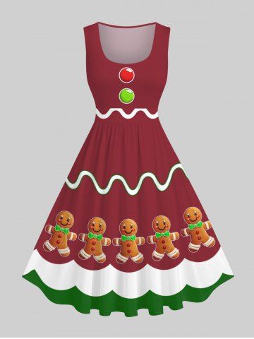 Plus Size Christmas Buttons Gingerbread Man Wavy Line Colorblock Print 1950s Vintage Dress - RED - S