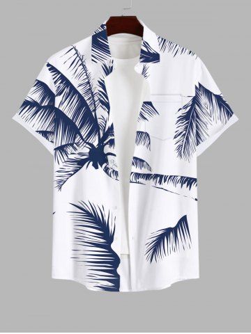 Plus Size Tropical Coconut Tree Print Buttons Pocket Hawaii Shirt For Men - WHITE - S