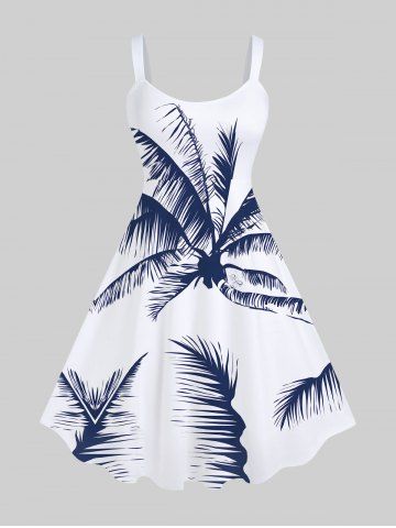 Plus Size Tropical Coconut Tree Print Hawaii Tank Dress - WHITE - 2X