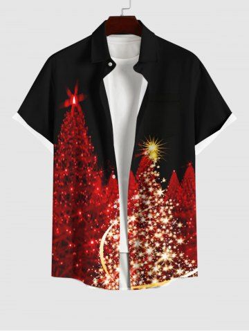 Chemise avec Boutons à Imprimé Sapin de Noël Brillant et Poche Grande-Taille pour Hommes - BLACK - M