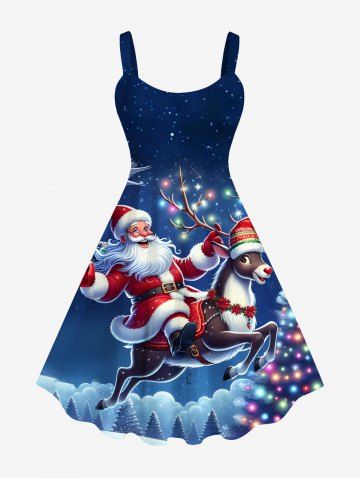 Plus Size Christmas Tree Light Hat Elk Santa Claus Glitter Galaxy Print A Line Tank Dress - MULTI-A - M