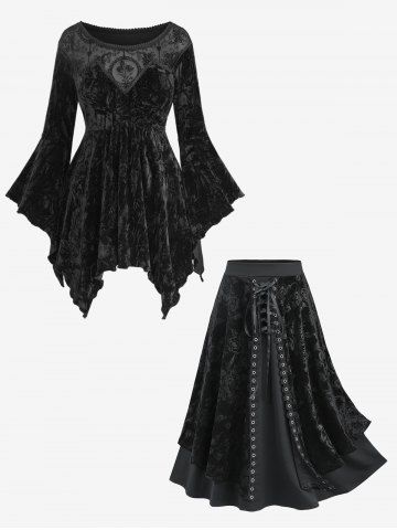 Mesh Flocking Embossed Crinkle Velvet Patchwork Asymmetric Top and Rose Flower Lace Up Skirt Plus Size Outfit - BLACK