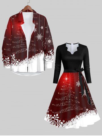 Glitter Christmas Tree Ball Snowflake Print Ombre Plus Size Matching Set For Couples - BLACK