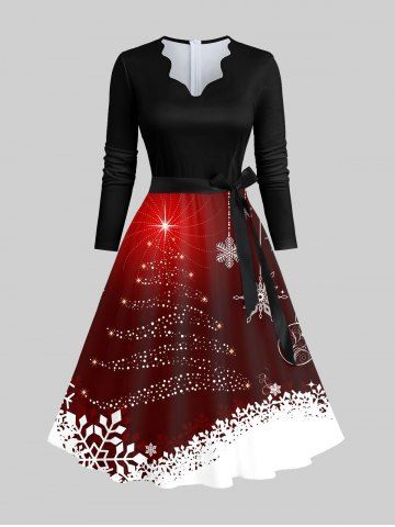 Plus Size Glitter Christmas Tree Ball Snowflake Print Ombre Scalloped Neck A Line Dress with Tied Belt - BLACK - 3XL