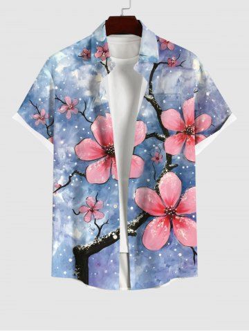 Plus Size Floral Branch Tie Dye Ombre Sky Print Hawaii Button Pocket Shirt For Men - MULTI-A - S