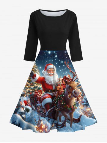 Christmas Tree Light Elk Santa Claus Snowflake Ombre Galaxy Print 50's Vintage Midi Dress - MULTI-A - S