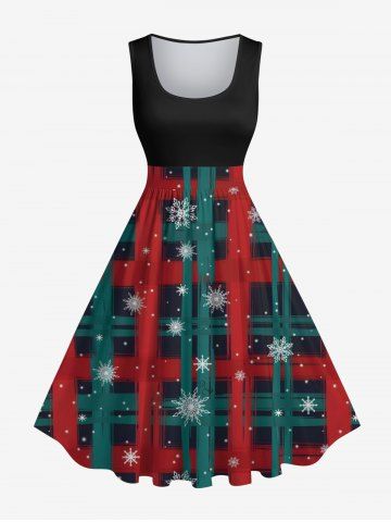 Plus Size Christmas Snowflake Striped Plaid Galaxy Print Vintage Swing A Line Dress - BLACK - S