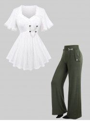 Heart Hollow Out Lace Trim Bowknot Ruffles Top and Wide Leg Pants Plus Size Outfit -  