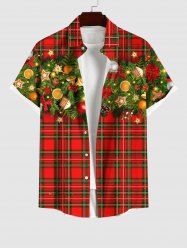 Plus Size Christmas Ball Star Bell Flowers Leaf Gingerbread Plaid Print Buttons Pocket Shirt For Men -  
