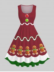 Plus Size Christmas Buttons Gingerbread Man Wavy Line Colorblock Print 1950s Vintage Dress -  