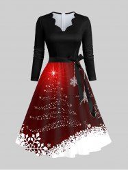 Plus Size Glitter Christmas Tree Ball Snowflake Print Ombre Scalloped Neck A Line Dress with Tied Belt -  