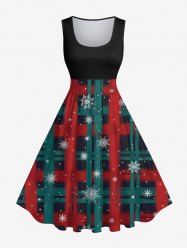Robe de Noël Trapèze Vintage à Carreaux Rayé Flocon de Neige Imprimé de Grande Taille - Noir 5X