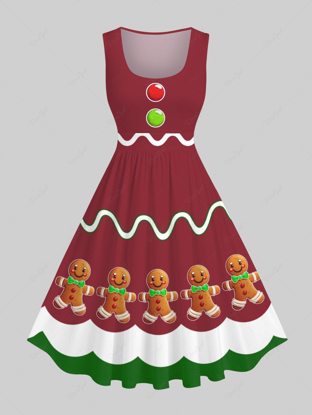 Fashion Plus Size Christmas Buttons Gingerbread Man Wavy Line Colorblock Print 1950s Vintage Dress  