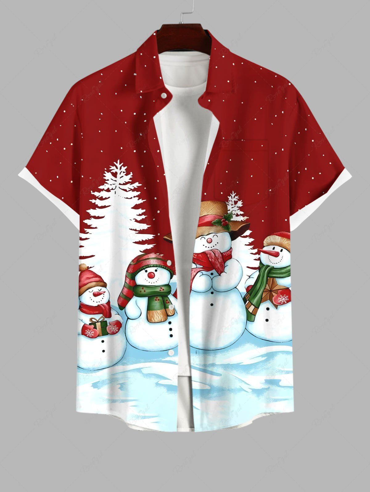 Buy Plus Size Christmas Tree Snowman Snowflake Print Buttons Pocket Shirt For Men  