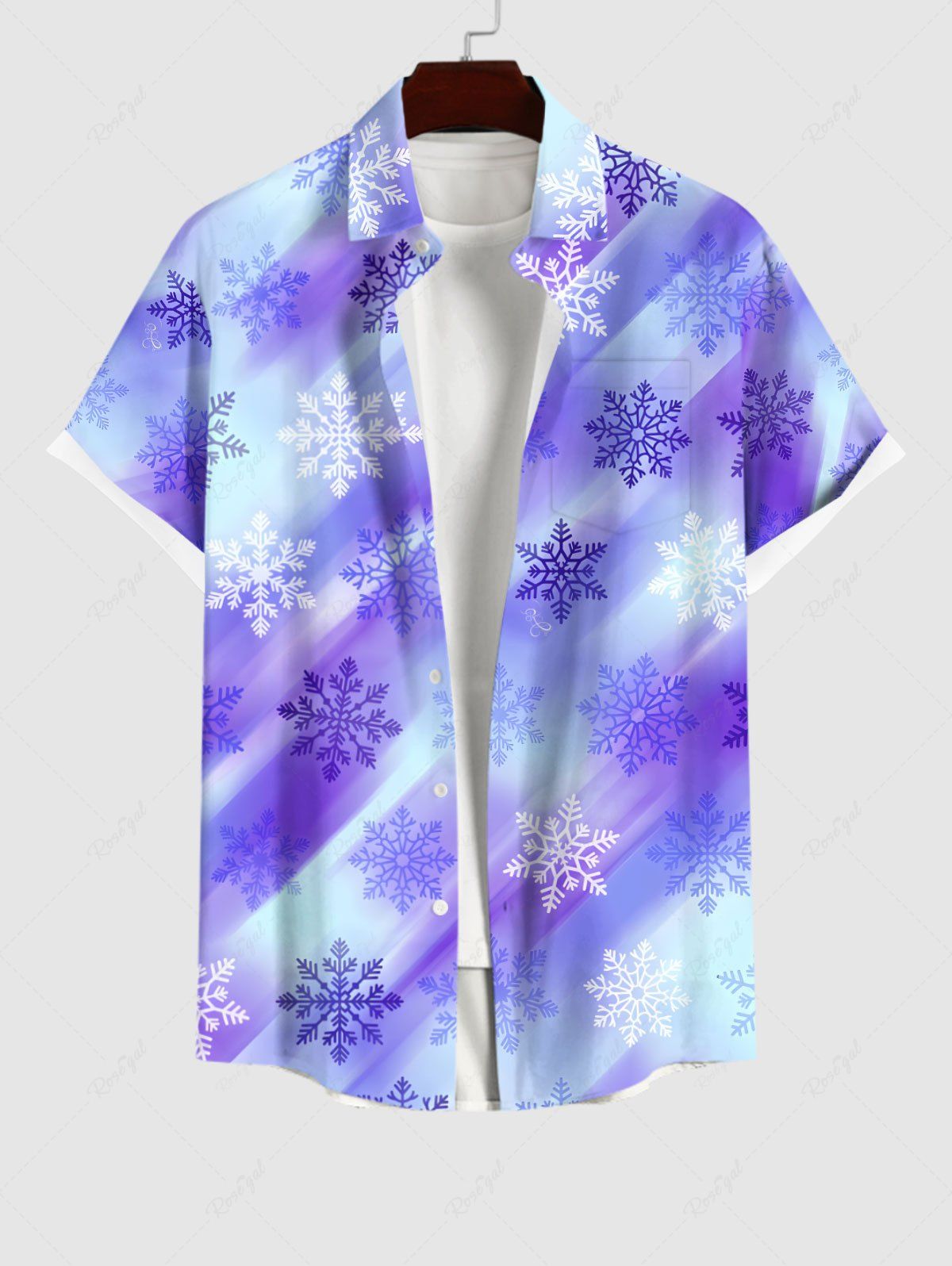 Chemise Ombré Flocon de Neige de Noël Imprimé avec Poche de Grande Taille avec Boutons Bleu Ciel L