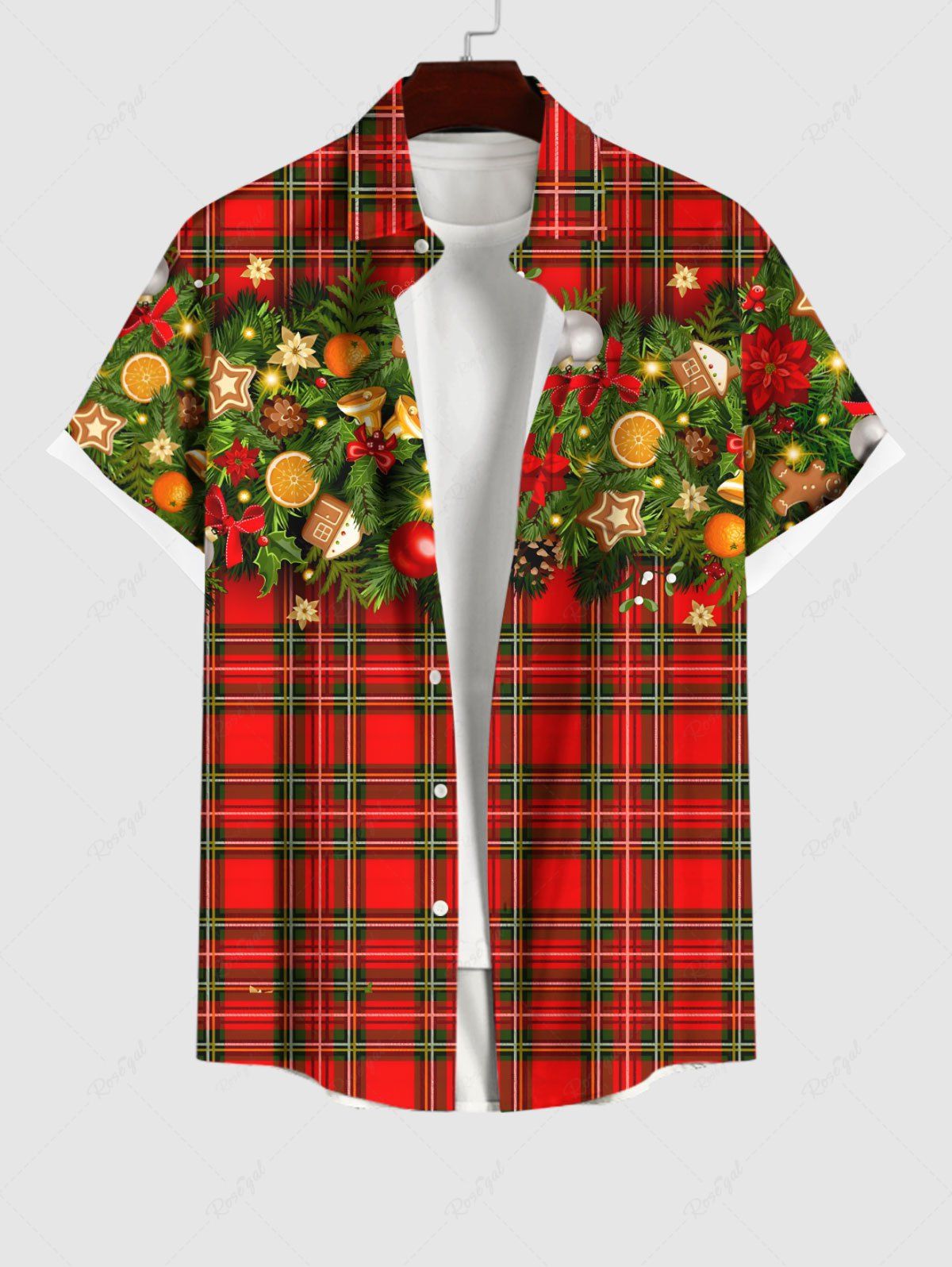 Shop Plus Size Christmas Ball Star Bell Flowers Leaf Gingerbread Plaid Print Buttons Pocket Shirt For Men  