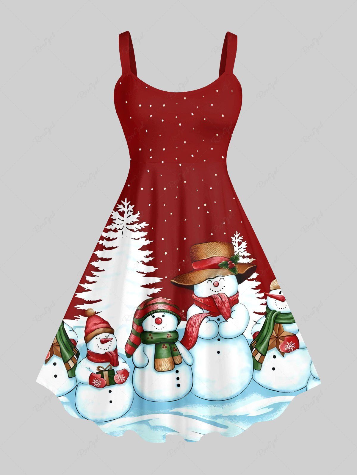 Robe Débardeur Imprimé Bonhomme de Neige et Sapin de Noël Grande Taille Rouge 6X