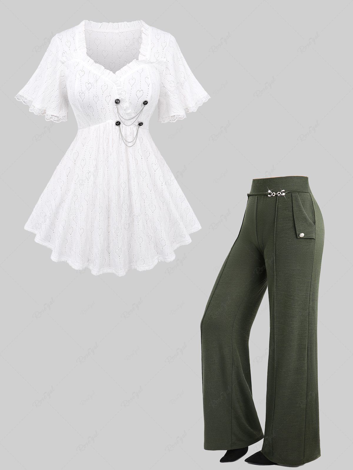 Cheap Heart Hollow Out Lace Trim Bowknot Ruffles Top and Wide Leg Pants Plus Size Outfit  