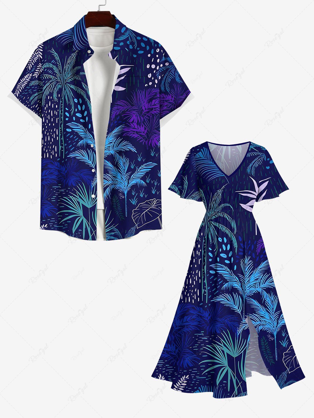 Coconut Tree Tropical Leaves Print Plus Size Matching Hawaii Beach Outfit For Couples