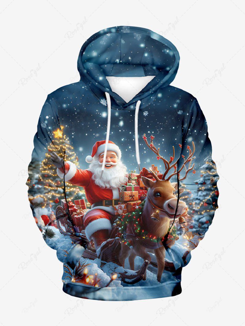 Outfits Plus Size Christmas Tree Light Elk Santa Claus Snowflake Ombre Galaxy Print Pocket Pullover Long Sleeves Hoodie For Men  