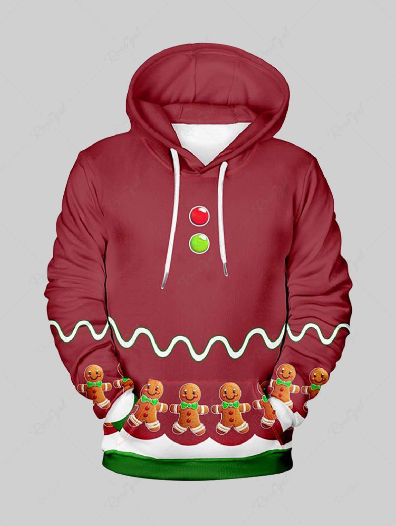Online Plus Size Christmas Buttons Gingerbread Man Wavy Line Colorblock Print Pocket Drawstring Hoodie For Men  
