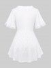 Heart Hollow Out Lace Trim Bowknot Ruffles Top and Wide Leg Pants Plus Size Outfit -  