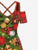 Maxi Robe de Noël Croisée Cloche Feuille Fleur Imprimées à Carreaux de Grande Taille - Rouge XS