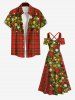 Maxi Robe de Noël Croisée Cloche Feuille Fleur Imprimées à Carreaux de Grande Taille - Rouge XS
