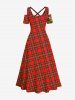 Plus Size Christmas Ball Star Bell Flowers Leaf Gingerbread Plaid Print Cold Shoulder Crisscross Maxi Dress -  