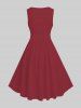 Robe Grande Taille Vintage Cordon de Serrage Imprimé Ligne A en Blocs de Couleurs - Rouge M