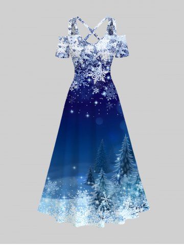 Maxi Robe Croisée Sapin de Noël et Flocon de Neige Imprimés à Epaule Dénudée de Grande Taille - BLUE - XS