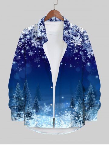 Plus Size Christmas Tree Snowflake Print Buttons Pocket Long Sleeve Shirt For Men - BLUE - M