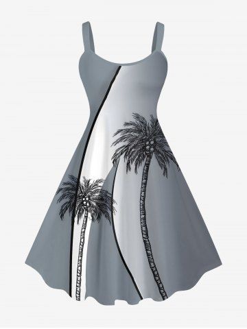 Plus Size Coconut Tree Curve Colorblock Print Hawaii Tank Dress - GRAY - S