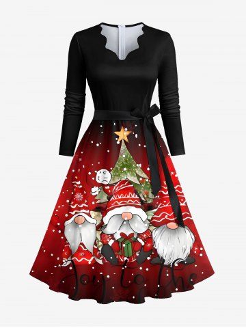 Plus Size Christmas Tree Santa Claus Snowflake Print Ombre Scalloped Neck A Line Dress with Tied Belt - RED - 2XL